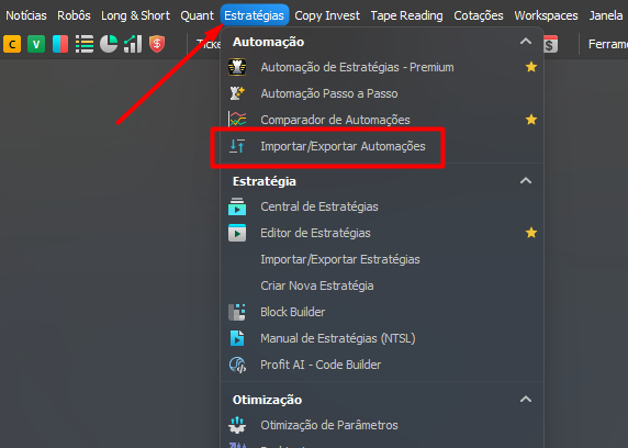 menu estratégias e importar exportar automações.png