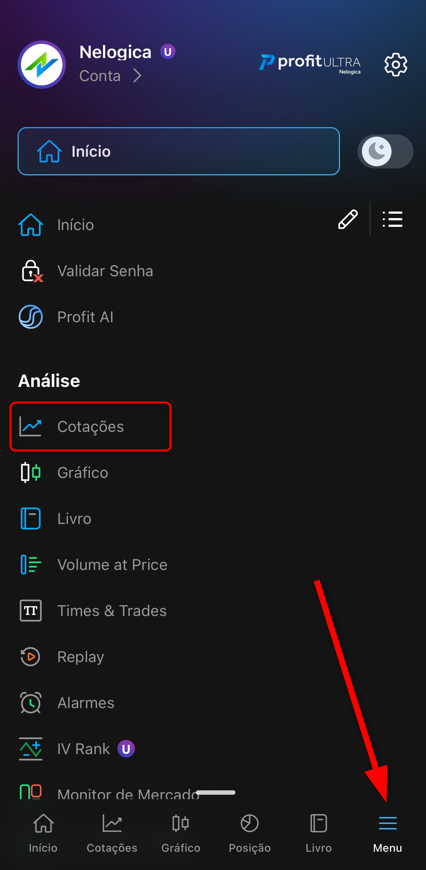 abrindo o menu cotações.png