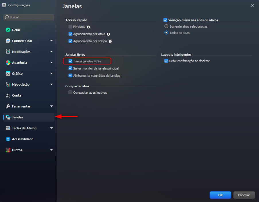 configuração de travar janelas livres